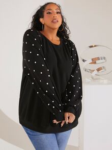 SHEIN CURVE+ Plus Polka Dot Raglan Sleeve Sweatshirt Winter Fall Autumn, 2026 22W Plus Size - Black - View 5