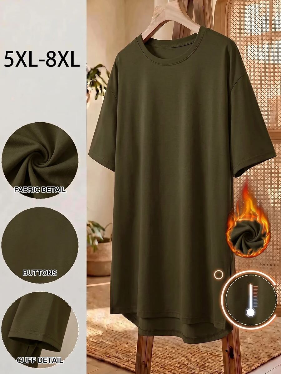 SHEIN CURVE+ 大尺碼女款純色圓領落肩寬鬆休閒T恤 - 棕色 - 查看 1
