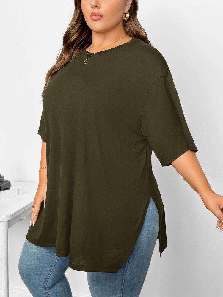 SHEIN CURVE+ Plus Size Women's Solid Color Round Neck Drop Shoulder Loose Casual T-Shirt Club Formal Army Green Summer - Brown - View 2