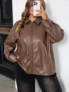 SHEIN CURVE+ Plus Size Women Black Long Sleeve PU Leather Jacket In Fall/Winter - Coffee Brown - View 5