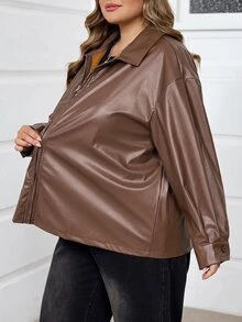 SHEIN CURVE+ Plus Size Women Black Long Sleeve PU Leather Jacket In Fall/Winter - Coffee Brown - View 4