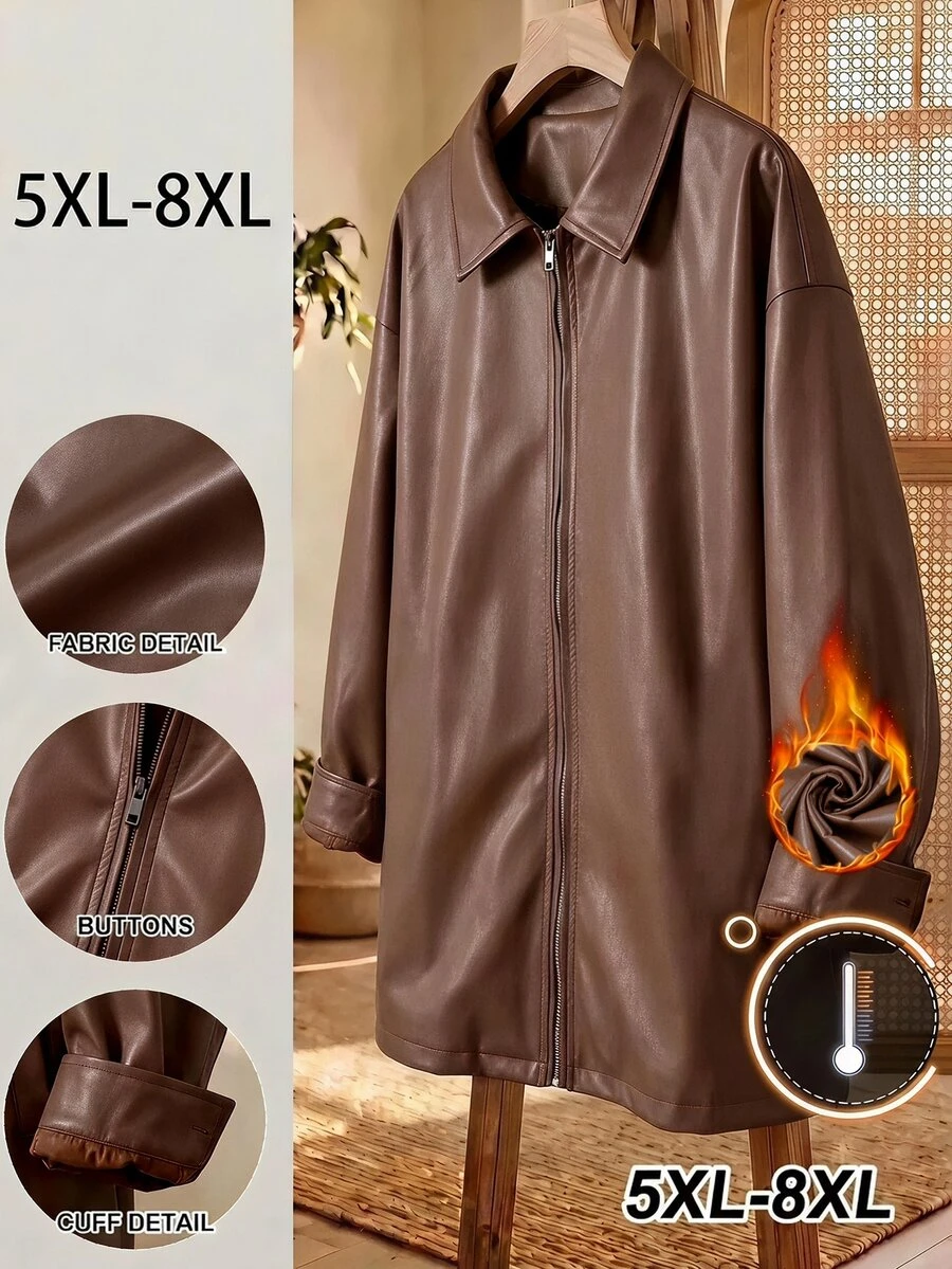 SHEIN CURVE+ Plus Size Women Black Long Sleeve PU Leather Jacket In Fall/Winter - Coffee Brown - View 1