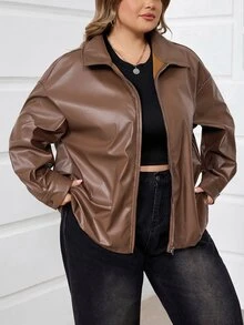 SHEIN CURVE+ Plus Size Women Black Long Sleeve PU Leather Jacket In Fall/Winter - Coffee Brown - View 3