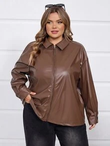 SHEIN CURVE+ Plus Size Women Black Long Sleeve PU Leather Jacket In Fall/Winter - Coffee Brown - View 7