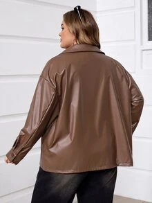 SHEIN CURVE+ Plus Size Women Black Long Sleeve PU Leather Jacket In Fall/Winter - Coffee Brown - View 8