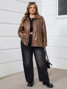 SHEIN CURVE+ Plus Size Women Black Long Sleeve PU Leather Jacket In Fall/Winter - Coffee Brown - View 2