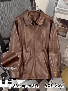 SHEIN CURVE+ Plus Size Women Black Long Sleeve PU Leather Jacket In Fall/Winter - Coffee Brown - View 10