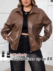SHEIN CURVE+ Plus Size Women Black Long Sleeve PU Leather Jacket In Fall/Winter - Coffee Brown - View 9