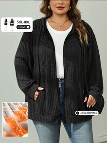 SHEIN CURVE+ Plus Size Women's Deep Green Zip-Up Hooded Sweatshirt Jacket, Lightweight Knitted Fleece Casual Drawstring Hooded Sportswear With Pockets, Autumn Hiking Winter Apparel - Black - View 7