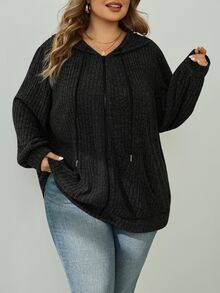 SHEIN CURVE+ Plus Size Women's Deep Green Zip-Up Hooded Sweatshirt Jacket, Lightweight Knitted Fleece Casual Drawstring Hooded Sportswear With Pockets, Autumn Hiking Winter Apparel - Black - View 4