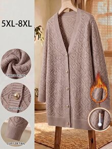 SHEIN CURVE+ 大尺碼純色鏤空長袖單排扣針織開襟衫 2026 秋冬 22W - 粉色 - 查看 1
