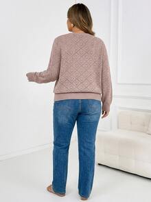 SHEIN CURVE+ 大尺碼純色鏤空長袖單排扣針織開襟衫 2026 秋冬 22W - 粉色 - 查看 8