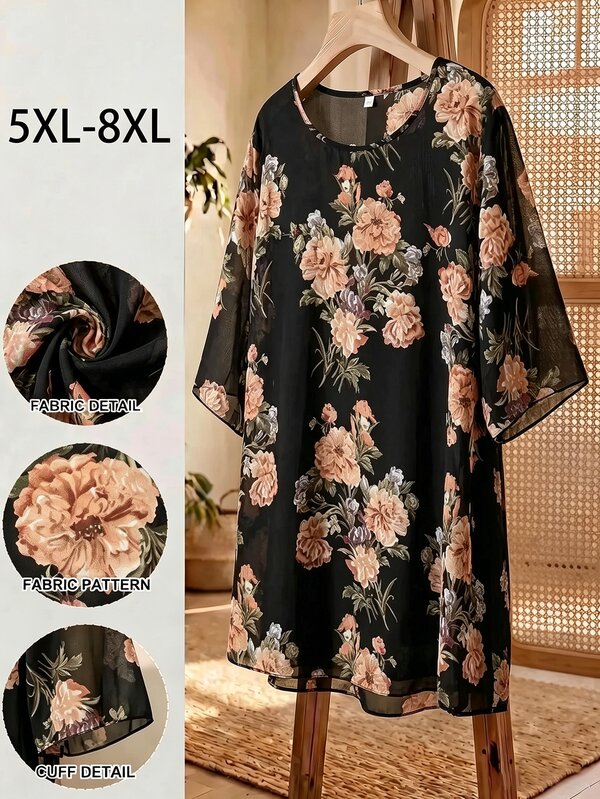 SHEIN CURVE+ Damen Bluse in Große Größen mit Blumenmuster, Rundhalsausschnitt, Kurzarm, locker geschnitten