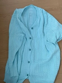 SHEIN CURVE+ 大尺碼女款休閒純色開襟羊毛衫 冬季 - 藍色 - 查看 3