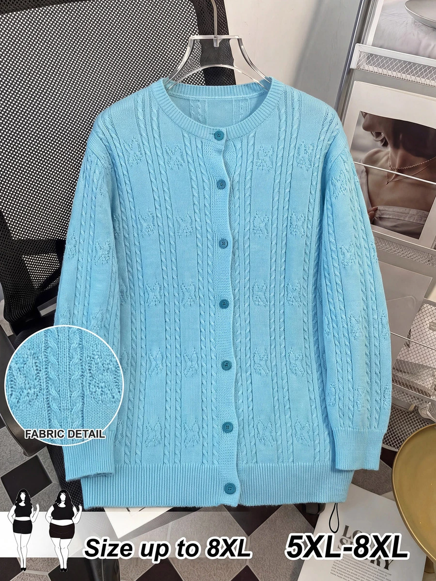 SHEIN CURVE+ 大尺碼女款休閒純色開襟羊毛衫 冬季 - 藍色 - 查看 1