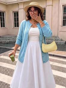 SHEIN CURVE+ 大尺碼女款休閒純色開襟羊毛衫 冬季 - 藍色 - 查看 8