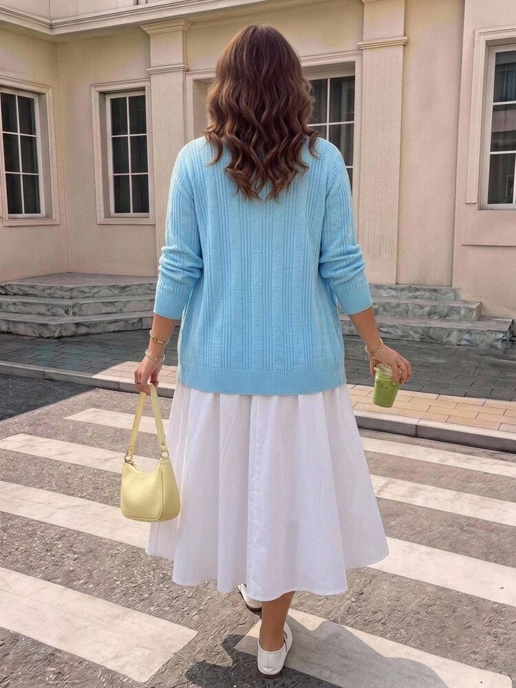 SHEIN CURVE+ Plus Size Women's Casual Solid Color Cardigan Winter - Blue - View 9