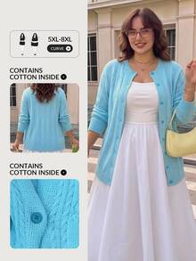 SHEIN CURVE+ 大尺碼女款休閒純色開襟羊毛衫 冬季 - 藍色 - 查看 6
