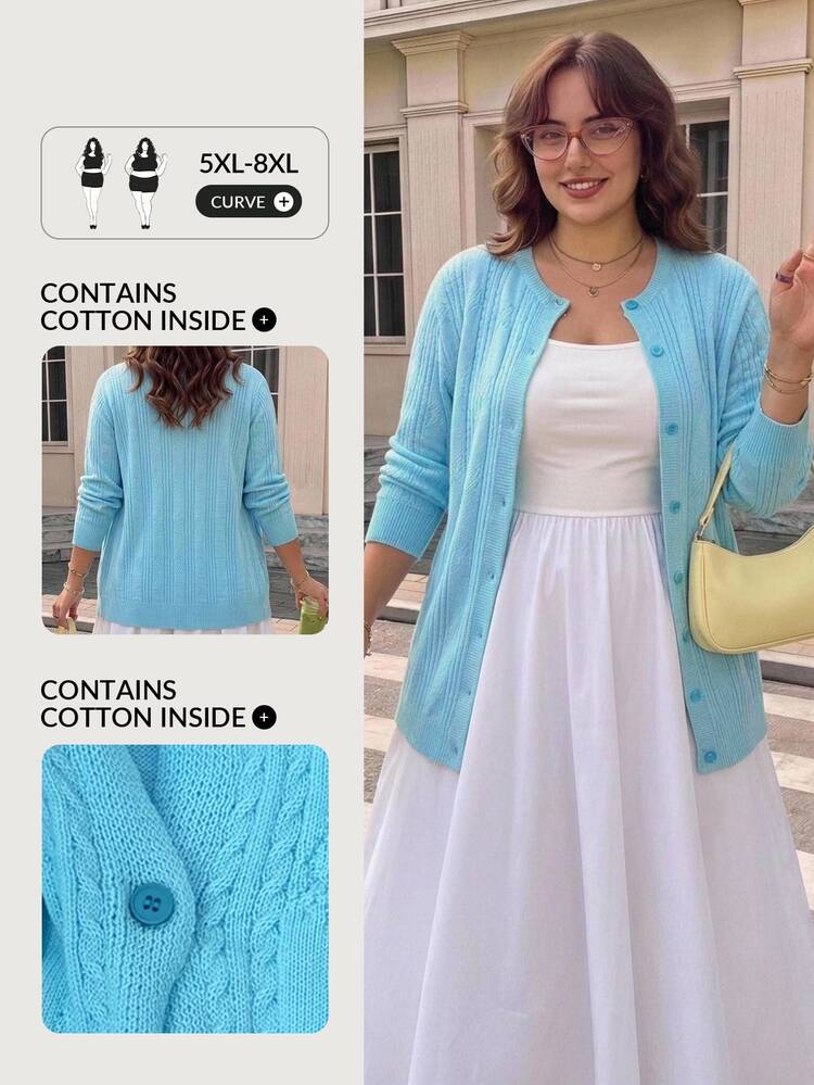 SHEIN CURVE+ Plus Size Women's Casual Solid Color Cardigan Winter - Blue - View 6