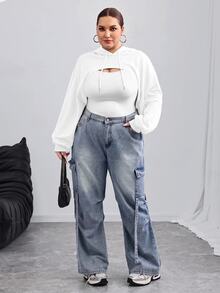 SHEIN CURVE+ 大尺碼全白針織短版運動衫，適合秋冬穿著，適合早午餐、正式場合、寬鬆健身房、柔軟街頭風、運動、牛仔風、休閒 - 白色 - 查看 3