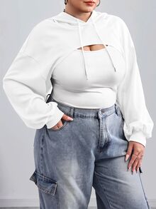 SHEIN CURVE+ 大尺碼全白針織短版運動衫，適合秋冬穿著，適合早午餐、正式場合、寬鬆健身房、柔軟街頭風、運動、牛仔風、休閒 - 白色 - 查看 4