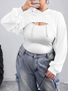 SHEIN CURVE+ 大尺碼全白針織短版運動衫，適合秋冬穿著，適合早午餐、正式場合、寬鬆健身房、柔軟街頭風、運動、牛仔風、休閒 - 白色 - 查看 9
