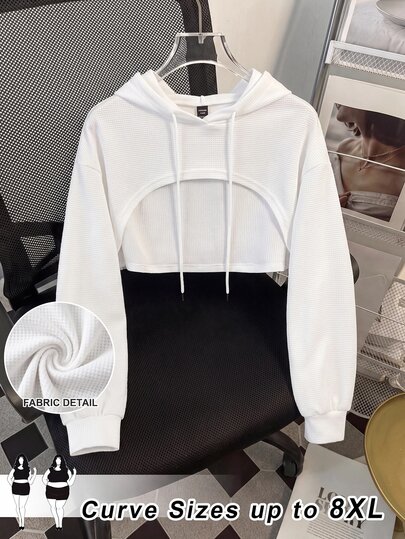 SHEIN CURVE+ 大尺碼全白針織短版運動衫，適合秋冬穿著，適合早午餐、正式場合、寬鬆健身房、柔軟街頭風、運動、牛仔風、休閒
