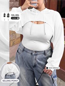 SHEIN CURVE+ 大尺碼全白針織短版運動衫，適合秋冬穿著，適合早午餐、正式場合、寬鬆健身房、柔軟街頭風、運動、牛仔風、休閒 - 白色 - 查看 12