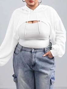 SHEIN CURVE+ 大尺碼全白針織短版運動衫，適合秋冬穿著，適合早午餐、正式場合、寬鬆健身房、柔軟街頭風、運動、牛仔風、休閒 - 白色 - 查看 5