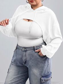 SHEIN CURVE+ 大尺碼全白針織短版運動衫，適合秋冬穿著，適合早午餐、正式場合、寬鬆健身房、柔軟街頭風、運動、牛仔風、休閒 - 白色 - 查看 2