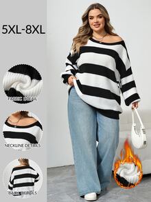 SHEIN CURVE+ Women's Plus Size Casual Striped Knit Sweater, Simple & Fashionable, Suitable For Daily Wear Fall - Black and White - View 8