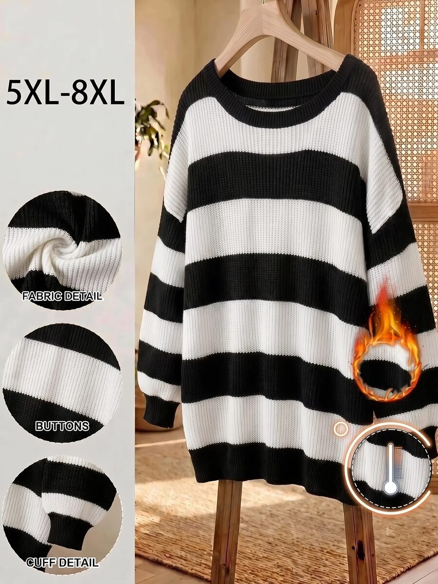 SHEIN CURVE+ Women's Plus Size Casual Striped Knit Sweater, Simple & Fashionable, Suitable For Daily Wear Fall - Black and White - View 1