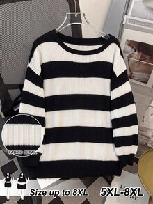 SHEIN CURVE+ Women's Plus Size Casual Striped Knit Sweater, Simple & Fashionable, Suitable For Daily Wear Fall - Black and White - View 11