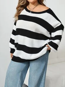 SHEIN CURVE+ Women's Plus Size Casual Striped Knit Sweater, Simple & Fashionable, Suitable For Daily Wear Fall - Black and White - View 5