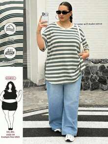 SHEIN CURVE+ 大尺碼女款條紋圓領落肩寬鬆休閒T恤 - 彩色 - 查看 6