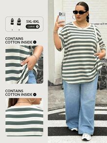 SHEIN CURVE+ 大尺碼女款條紋圓領落肩寬鬆休閒T恤 - 彩色 - 查看 7