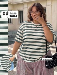 SHEIN CURVE+ 大尺碼女款條紋圓領落肩寬鬆休閒T恤 - 彩色 - 查看 3