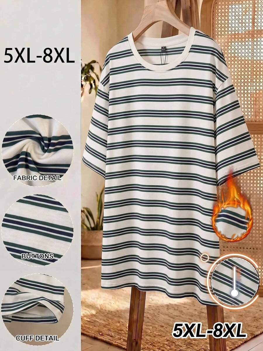 SHEIN CURVE+ 大尺碼女款條紋圓領落肩寬鬆休閒T恤 - 彩色 - 查看 1