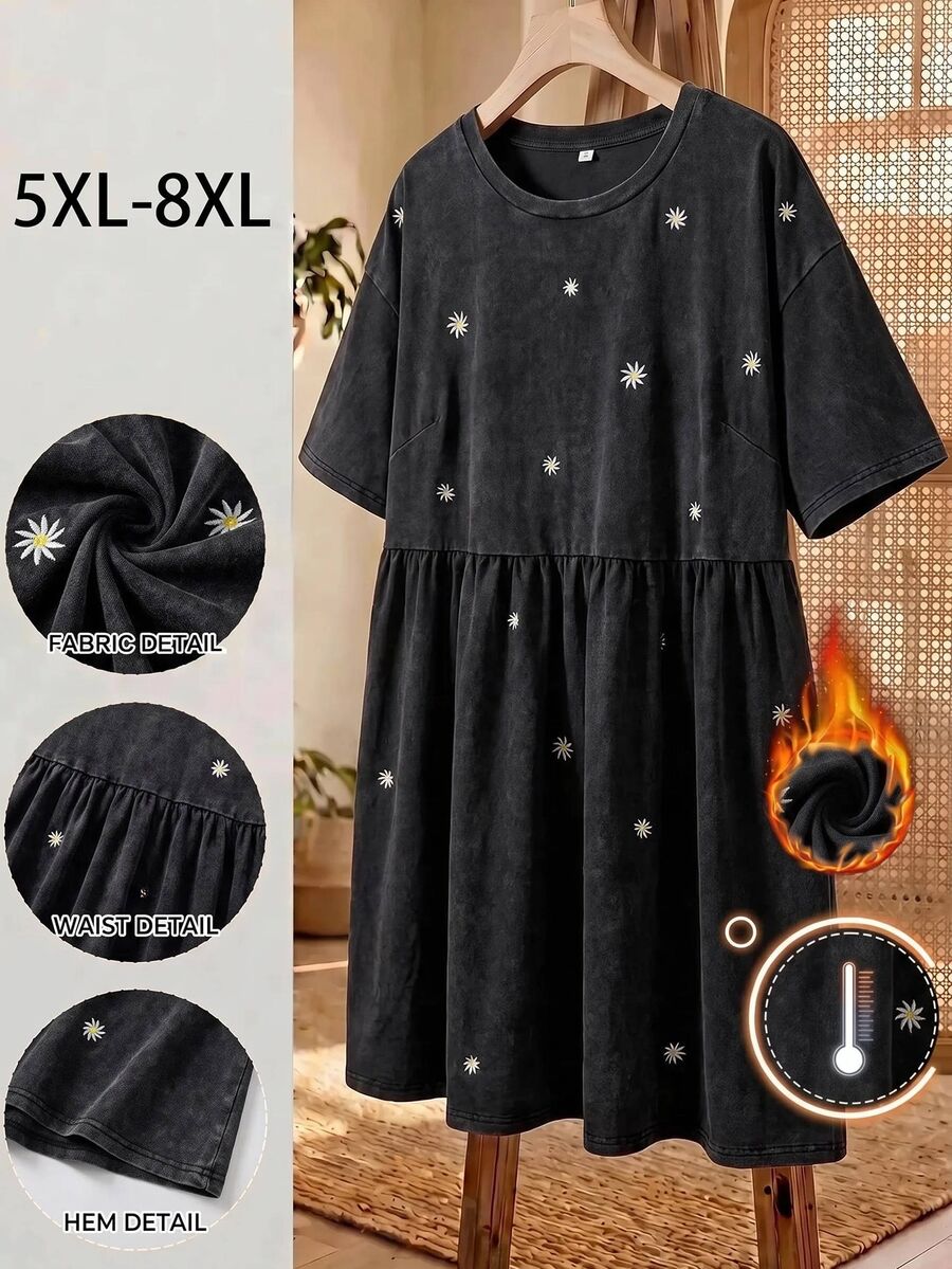 SHEIN CURVE+ Plus Size Round Neck Short Sleeve Loose Fit Dress With Dark Green Daisy, Fall Winter 2026 22W - Black - View 1