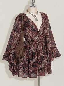 SHEIN CURVE+ 大尺碼佩斯利印花雪紡喇叭袖V領A字洋裝，波希米亞1960年代波西風，適合秋季萬聖節約會生日，黑色 - 鏽棕色 - 查看 2