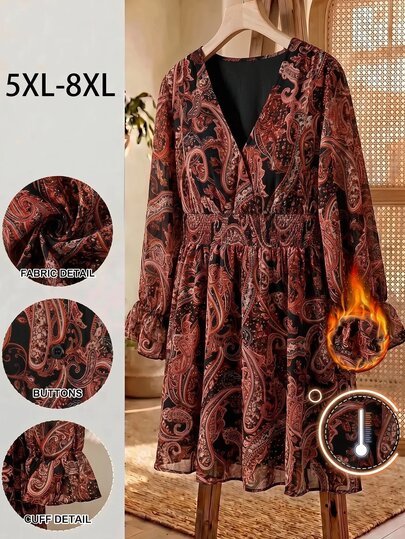 SHEIN CURVE+ Plus Size Paisley Print Chiffon Bell Sleeve V-Neck A-Line Dress, Bohemian Boho, Winter 2026 22W Halloween