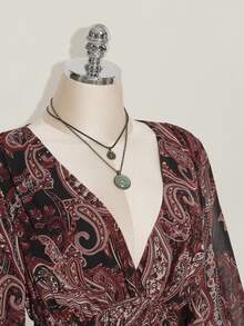 SHEIN CURVE+ 大尺碼佩斯利印花雪紡喇叭袖V領A字洋裝，波希米亞1960年代波西風，適合秋季萬聖節約會生日，黑色 - 鏽棕色 - 查看 4