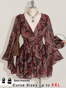 SHEIN CURVE+ 大尺碼佩斯利印花雪紡喇叭袖V領A字洋裝，波希米亞1960年代波西風，適合秋季萬聖節約會生日，黑色 - 鏽棕色 - 查看 7