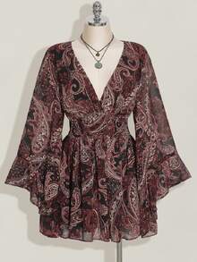 SHEIN CURVE+ 大尺碼佩斯利印花雪紡喇叭袖V領A字洋裝，波希米亞1960年代波西風，適合秋季萬聖節約會生日，黑色 - 鏽棕色 - 查看 3