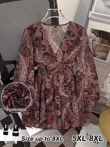 SHEIN CURVE+ 大尺碼佩斯利印花雪紡喇叭袖V領A字洋裝，波希米亞1960年代波西風，適合秋季萬聖節約會生日，黑色 - 鏽棕色 - 查看 9