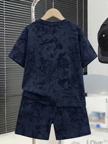 2件組兒童青少年男童休閒紮染圖案柔軟海軍藍T恤套裝，夏季上衣、夏季短褲，男童套裝，適合春季/夏季、情人節、夏季穿搭、海灘週末、家庭聚會、開學季、婚禮季、運動、生日派對 - 彩色 - 查看 4