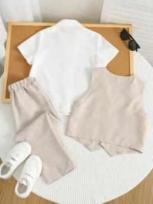 SHEIN LMoss Kids 男童三件套纯色短袖衬衫、马甲和长裤西装套装，绅士风格，适合儿童穿着，也适合男童日常穿着，例如返校、校服、幼儿园、生日派对、晚宴、婚礼、洗礼、开学典礼、日常穿着和旅行。 - 卡其色 - 查看 6