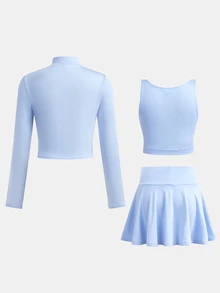 SHEIN Kids Tween Girl Autumn/Winter Fashion Casual Solid Blue Long Sleeve Stand Collar Zip-Up T-Shirt Vest Mini Skort 3 Pieces Set Back To School - Blue - View 2