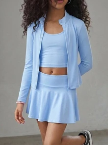 SHEIN Kids Tween Girl Autumn/Winter Fashion Casual Solid Blue Long Sleeve Stand Collar Zip-Up T-Shirt Vest Mini Skort 3 Pieces Set Back To School - Blue - View 7