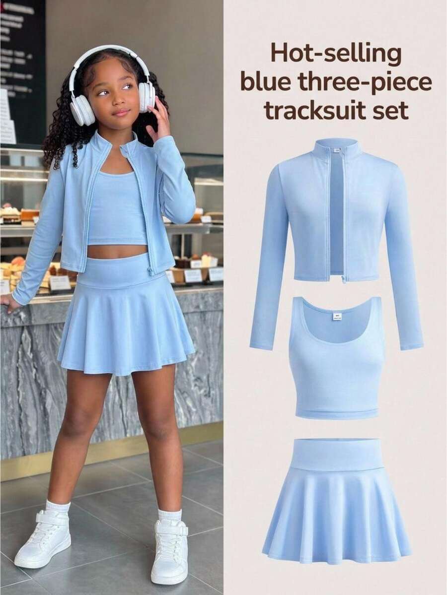 SHEIN Kids Tween Girl Autumn/Winter Fashion Casual Solid Blue Long Sleeve Stand Collar Zip-Up T-Shirt Vest Mini Skort 3 Pieces Set Back To School - Blue - View 1